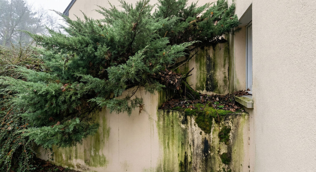 Elewacja domu z zaciekami, mchem i roślinnością przy ścianie, przykład potrzeby profesjonalnego czyszczenia elewacji