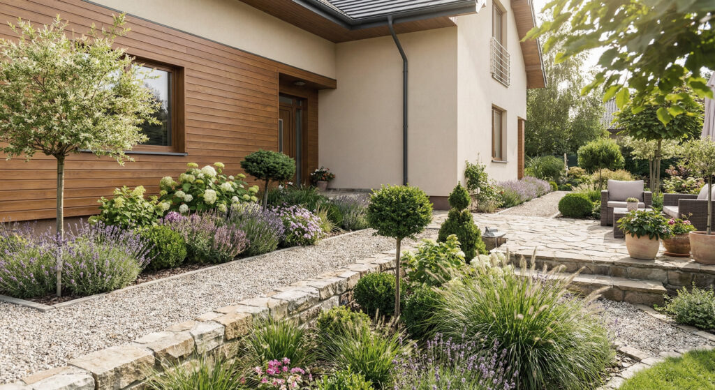 Starannie zaprojektowany ogród przed domem jednorodzinnym, rabaty z krzewami i bylinami, ścieżki z kamienia i żwiru, estetyczne planowanie zieleni przy nowoczesnej elewacji.