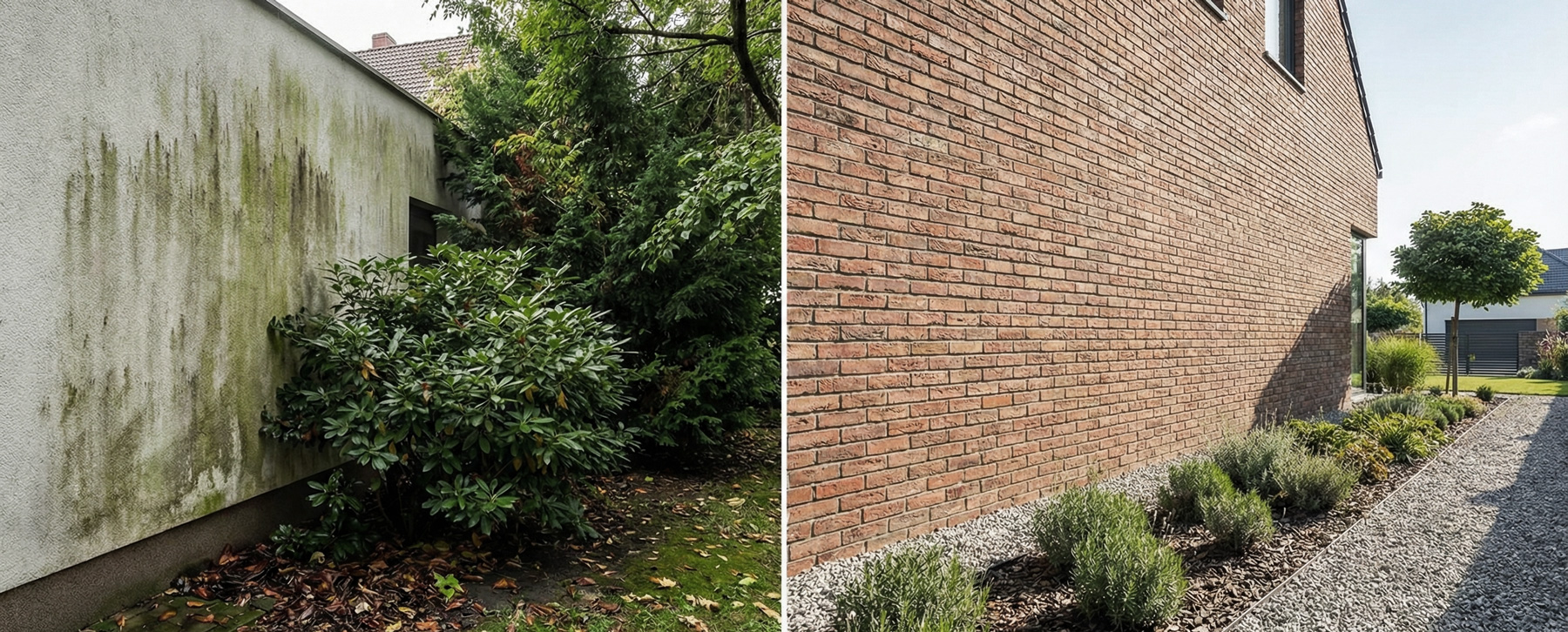 Porównanie elewacji budynku przed i po czyszczeniu, po lewej zabrudzona ściana z nalotami biologicznymi, po prawej czysta ceglana elewacja po profesjonalnym myciu.