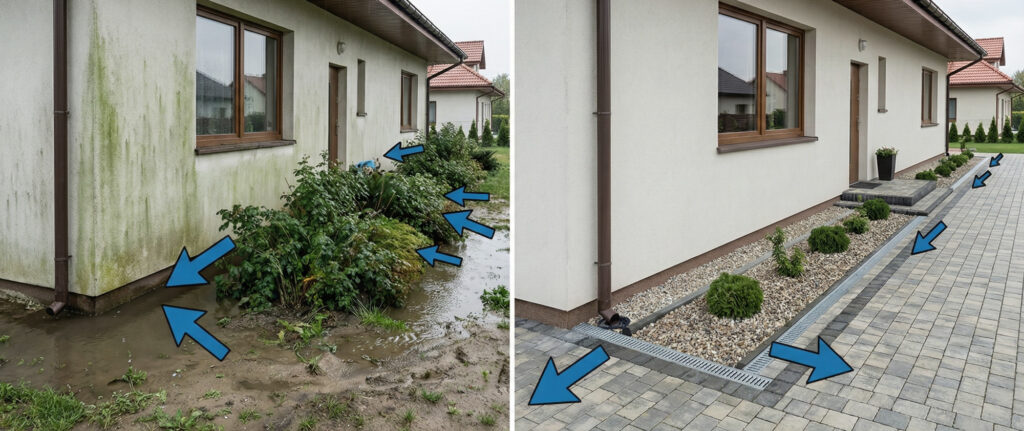 Porównanie elewacji domu przed i po poprawie odwodnienia, po lewej zawilgocona ściana z kałużami przy fundamentach, po prawej sucha elewacja z opaską żwirową i odwodnieniem liniowym