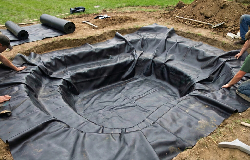 Budowa oczka wodnego, układanie folii uszczelniającej w wykopie przygotowanym pod zbiornik wodny w ogrodzie.