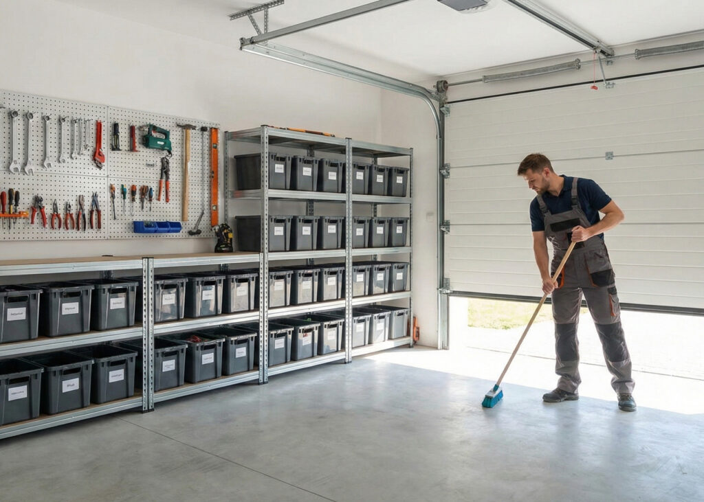 Sprzątanie garażu i powierzchni technicznych, zamiatanie podłogi w uporządkowanym pomieszczeniu gospodarczym