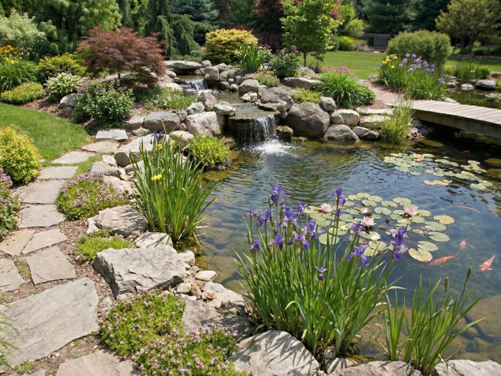 Oczko wodne w ogrodzie z kaskadą, roślinami wodnymi i kamienną ścieżką wokół zbiornika