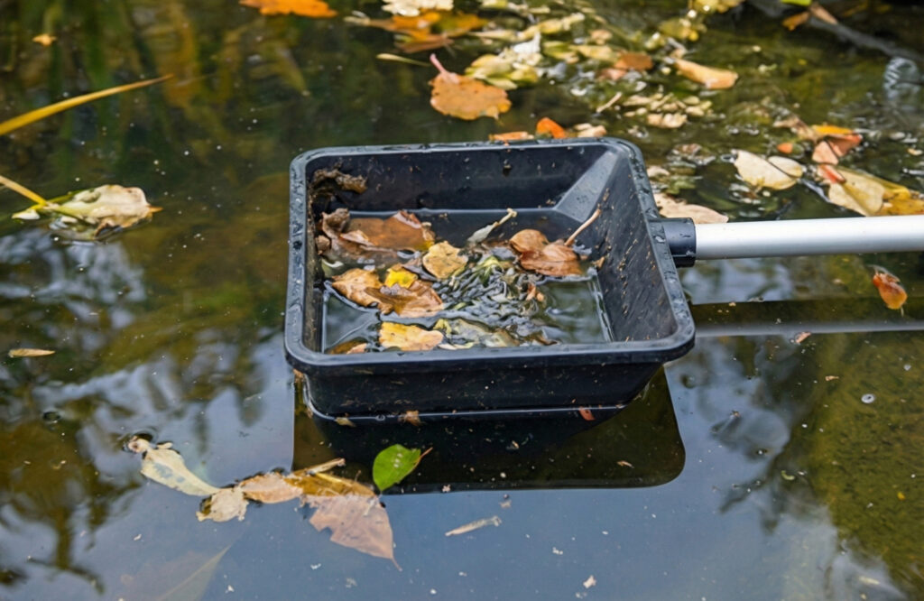 Usuwanie liści z oczka wodnego za pomocą siatki, jesienna pielęgnacja zbiornika wodnego w ogrodzie